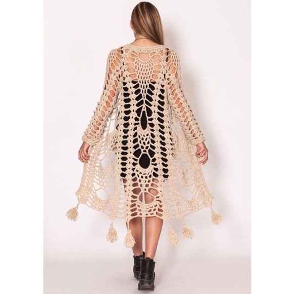 SOLD OUT Khaki Bohemian Hand Knit Tassel Open Crochet Knit Cardigan Sweater - Picture 6 of 7